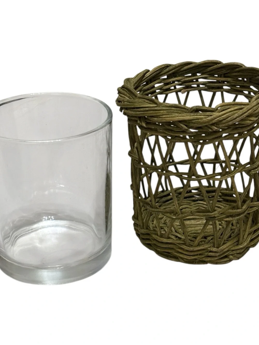 Vint Rustic Green Wicker Glass Tea Light Votive Candle Holder Avocado Seagrass